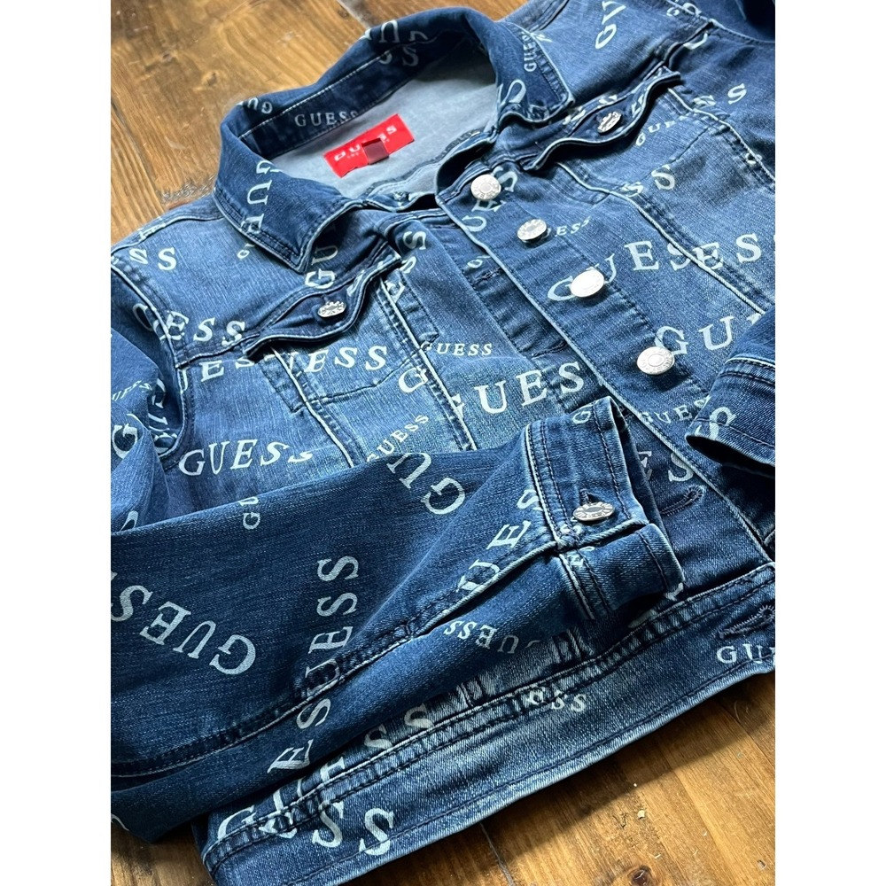 Guess Los Angeles Womens Logo Print Denim Trucker Jacket Blue Medium Wash Large - Picture 4 of 7